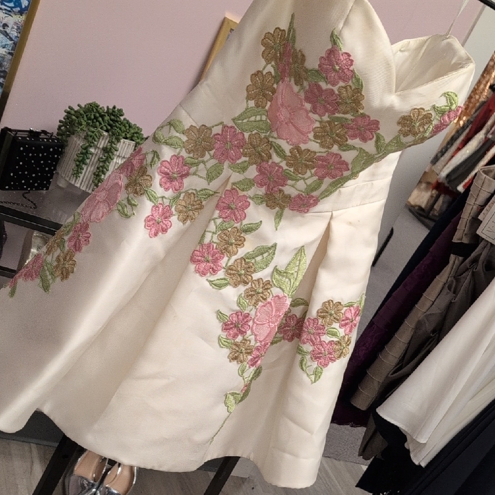 Jovani Ivory Dress with Pink and Green Floral Design - Picture 3 of 11